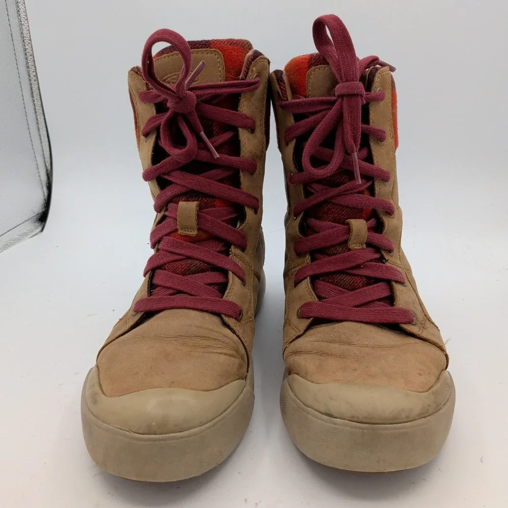 KEEN Elena Tall Lace Leather Winter Boots Tan Red Plaid 1022040 Womens 9